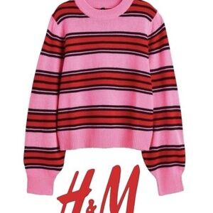 H&M Striped Pink & Red Bubble Sleeve Crewneck Sweater